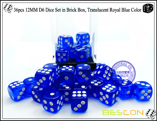 36pcs 12MM D6 Dice Set in Brick Box, Translucent Royal Blue Color-4