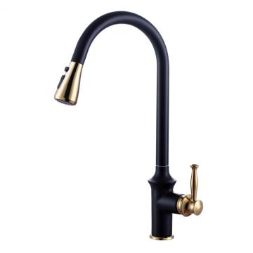 Household Black Gold Pull Down Brass Kitchen Faucet