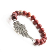 Red Jasper 8MM Round Beads Stretch Gemstone Bracelet with Diamante alloy Wing Piece