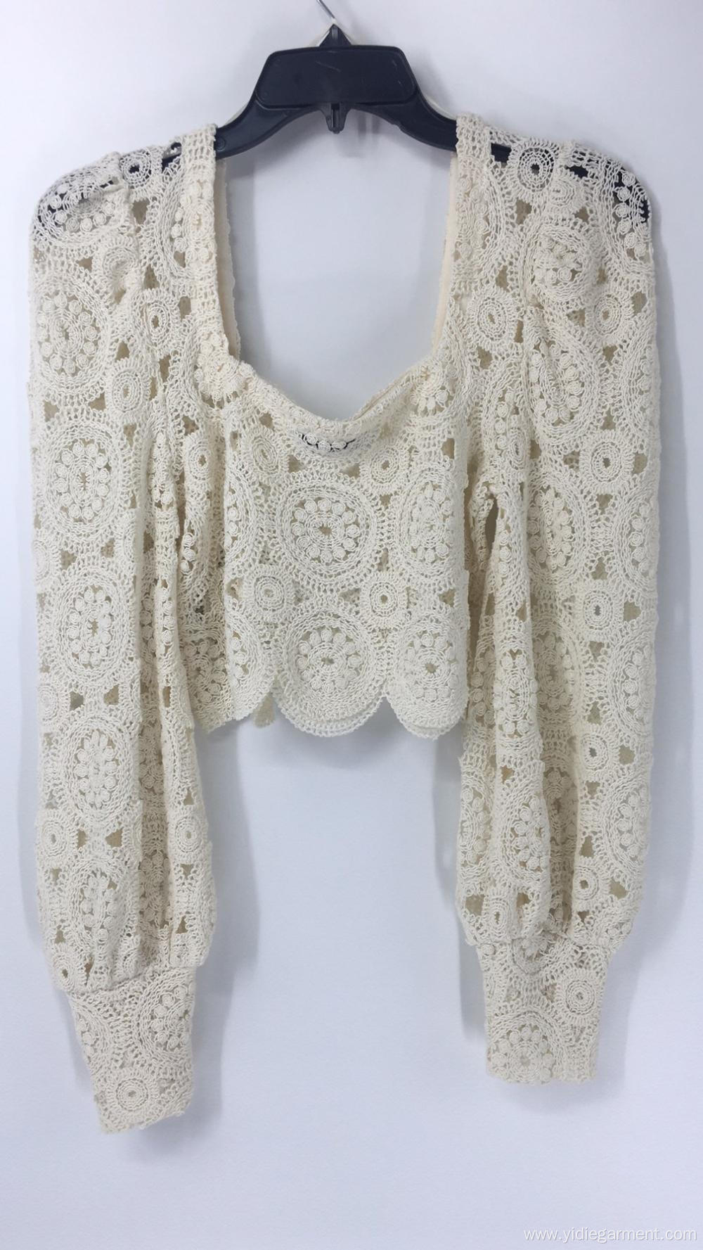 Cream Long Sleeve Crochet Crop Top