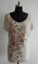 Ladies short sleeve screen printed knitted pullover sweater