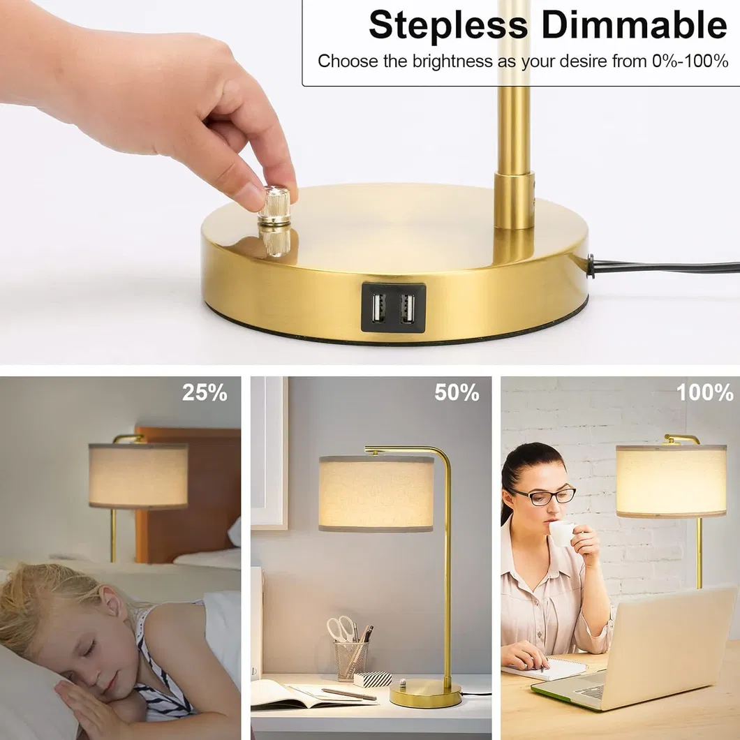 Modern USB Charging Bedside Lamp with Linen Shade