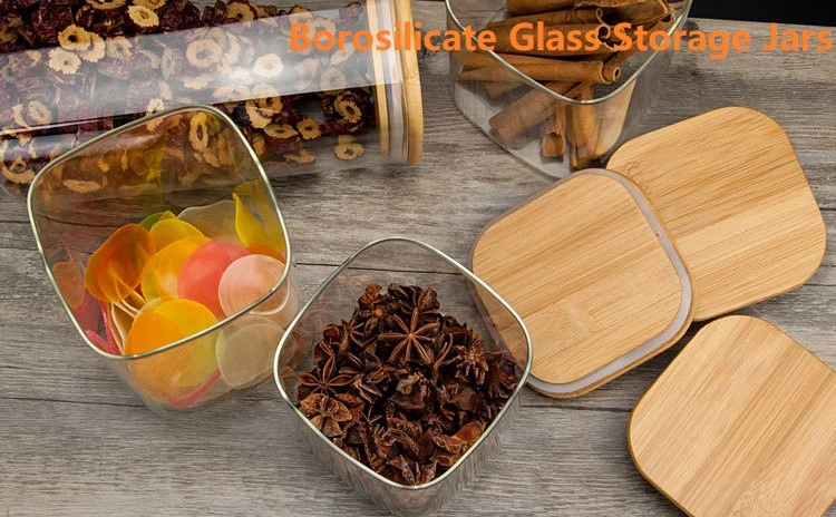 Borosilicate Glass Storage Jar with Bamboo Lid /Wooden Lid/ Silicone Lids for Honey Nut Oil Cookie Biscuits Candy Coffee Food Packaging