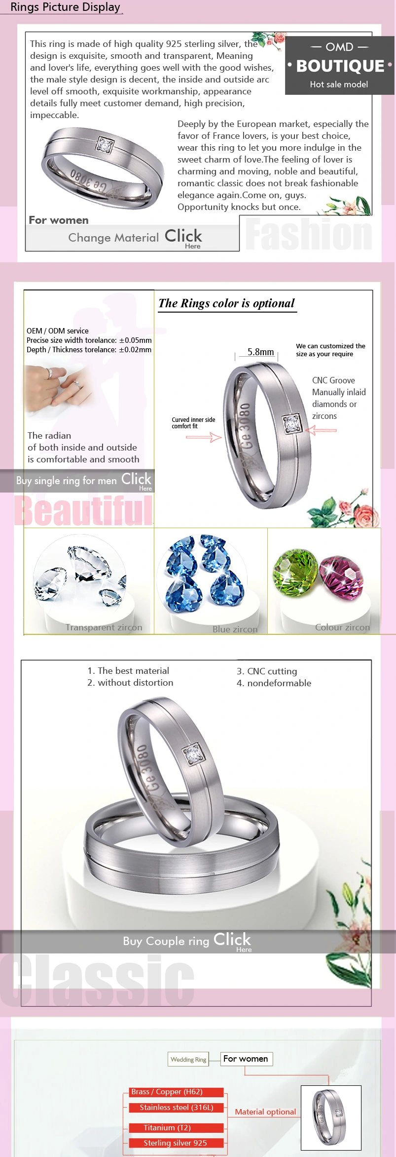 Fashion Custom 925 Sterling Silver Imitation Jewelry Women Rings