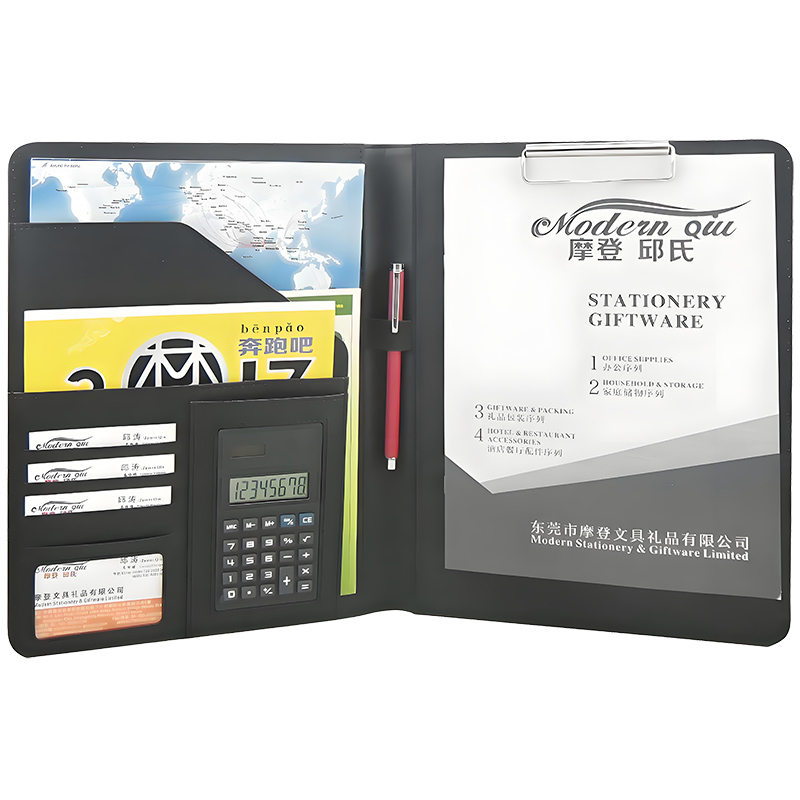 Modernqiu Custom Logo A4 Leather Briefcase File Folder with Calculator Business Portfolio for Office Use