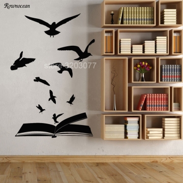 Creative Home Decor Open Book Flock Of Birds Learning Library Stickers Vinyl Art Wall Decal Literature Reading Room Office SK02