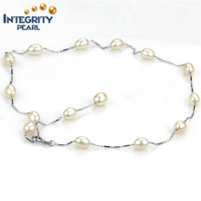 7mm AA Rice Pearl Silver Plated Chain Wholesale Pearl Necklaces Natural