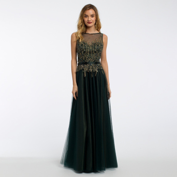 OEM black green applique illusion tulle formal evening dresses ladies dinner party dress