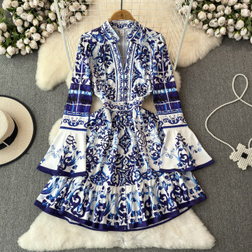 LE2429 Brand Majolica Printed V-Neck Flared Dress