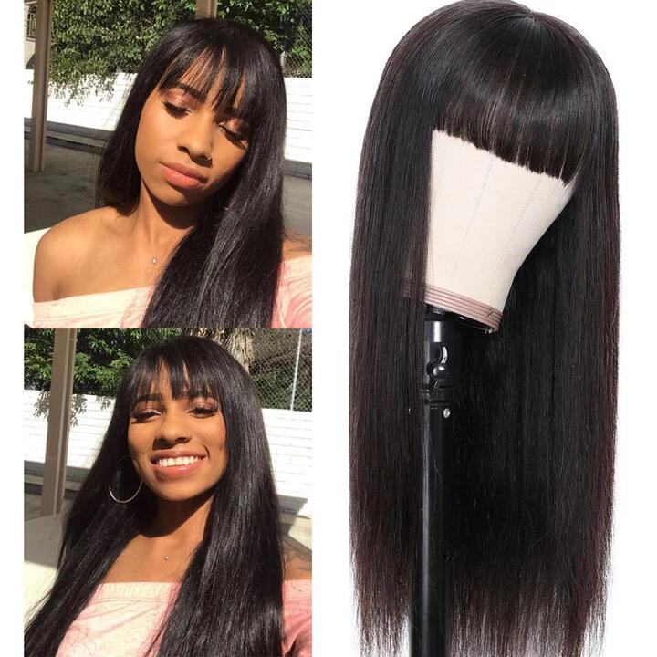 Full Machine Made Short Human Hair Wigs With Bangs, Brazilian Long Straight Human Hair Glueless Wig With Front Fringe Bangs