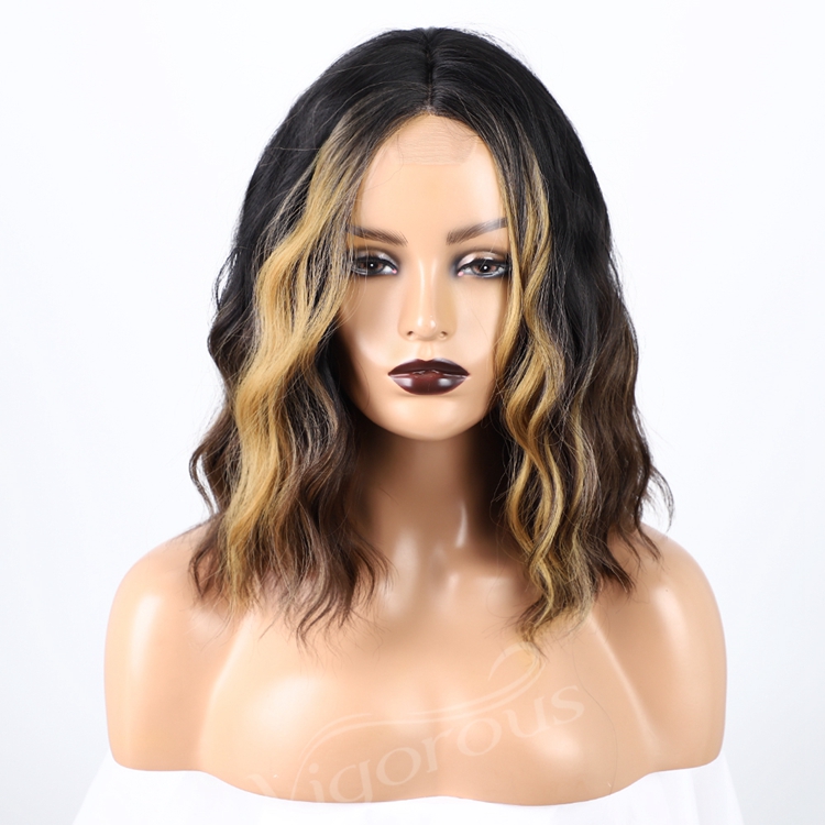 Top Quality Short Wavy Bob Wigs Black Women's Middle Part Highlight Blonde Synthetic Lace Wigs Wholesale Price