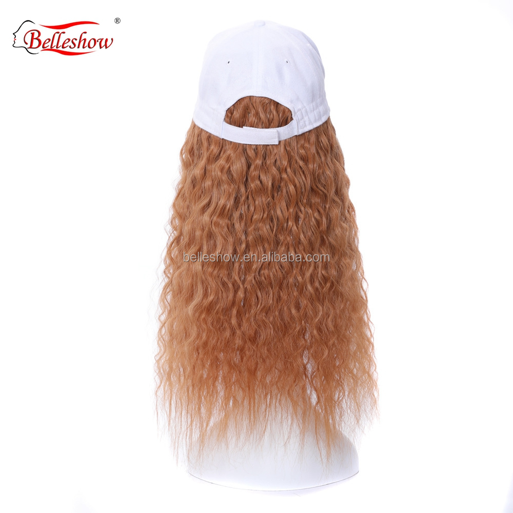 Hot sell synthetic hair and human hair black basketball hat Light brown wool roll hat wig  long curly wig