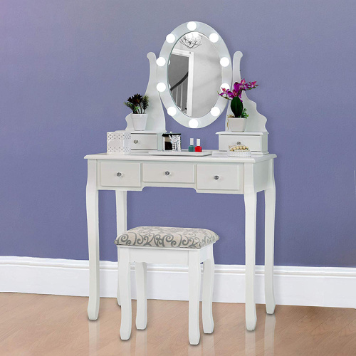 White LED Bulbs Mirror Dressing Table with Stool