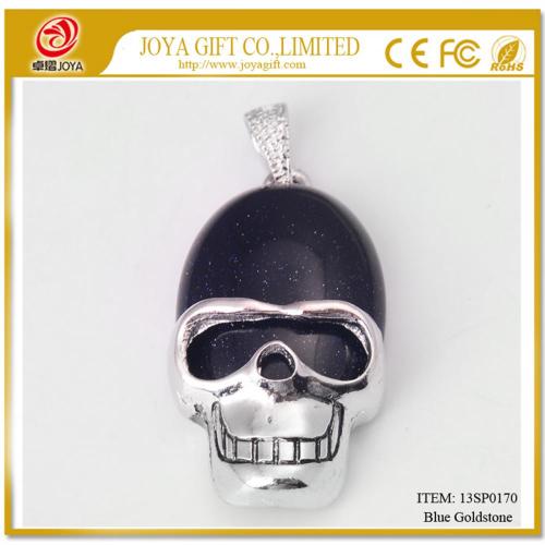 Blue Goldstone Semi Precious stone Skull Alloy Pendant