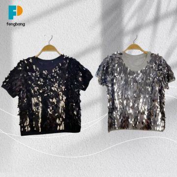 Black and Gray Glitter Embroidery T-Shirt
