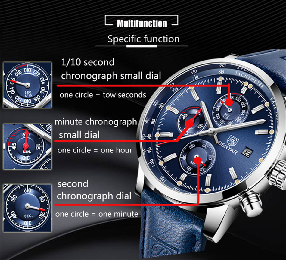 BENYAR 5102M Men Watch Chronograph Wristwatches Blue Fashion Design Sports Quartz Watches Leather Relogio Masculino