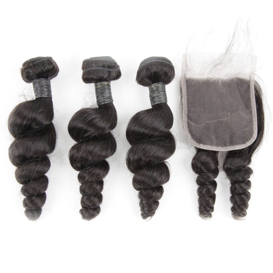 Cuticle Align Indian Spring Curl Loose Wave Bundles With Closure 100% Remy Human Hair 3 Bundles With 4*4 Lace Closure Free Part