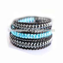 Personalization black Hematite round bead & synthetic crystal bracelet ,brass buckle Black leather cord bracelet