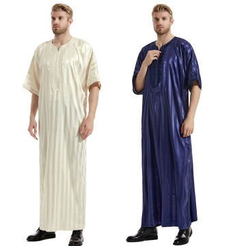 High-Quality Embroidered Islamic Muslim Arab Thawb, Caftan, and Moroccan Thobe: Stylish Short Sleeve Muslim Dress for Men with Pockets