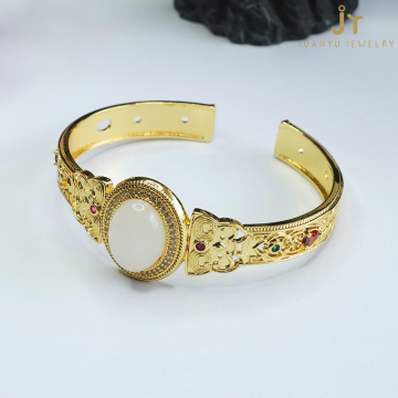Wholesale Hollow-Out Gold Plated Bangles with Precious Stone, Gemstones, Zircon, and Hetian Jade Jewelry