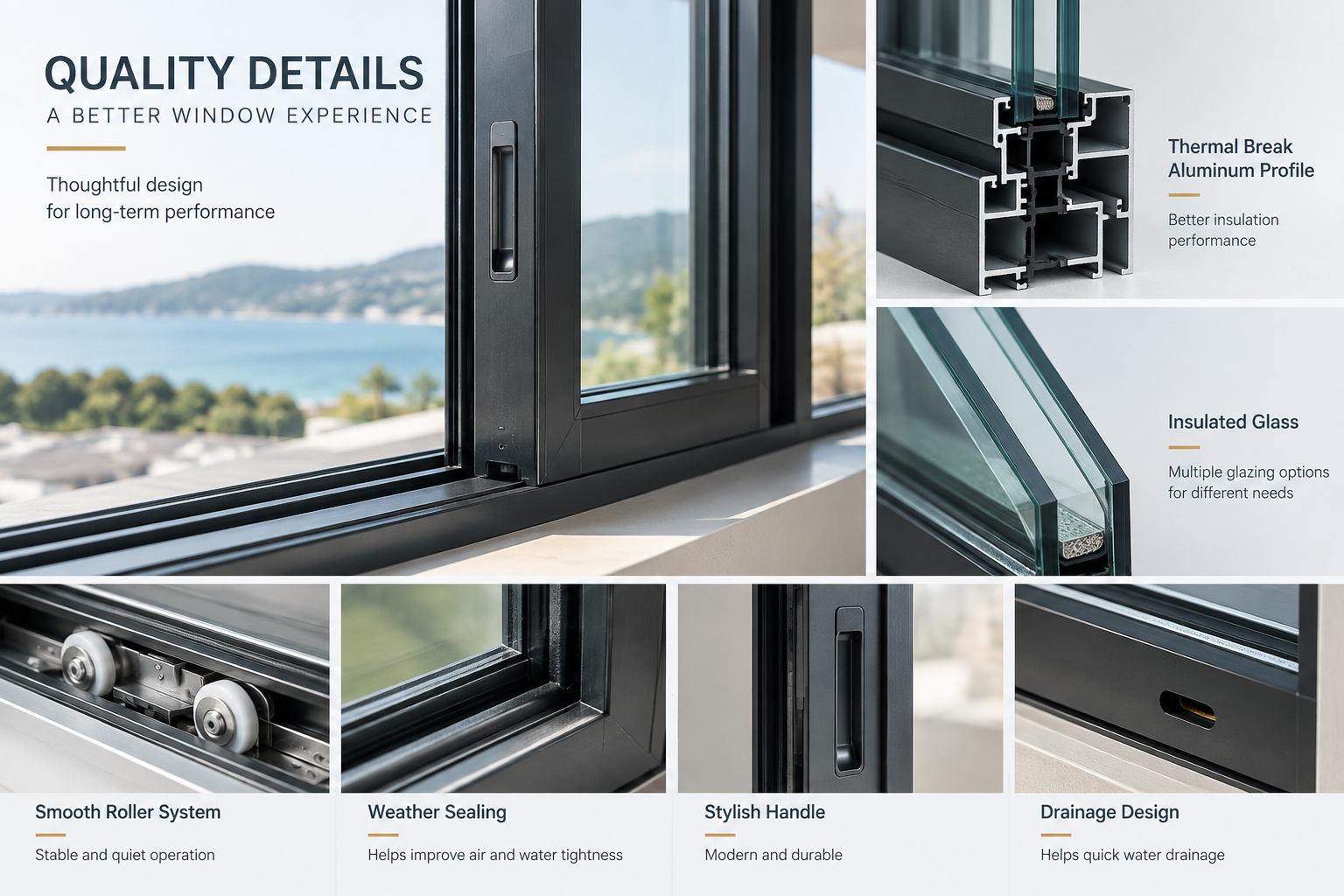 Custom aluminum sliding window system with glass and aluminum frame details
