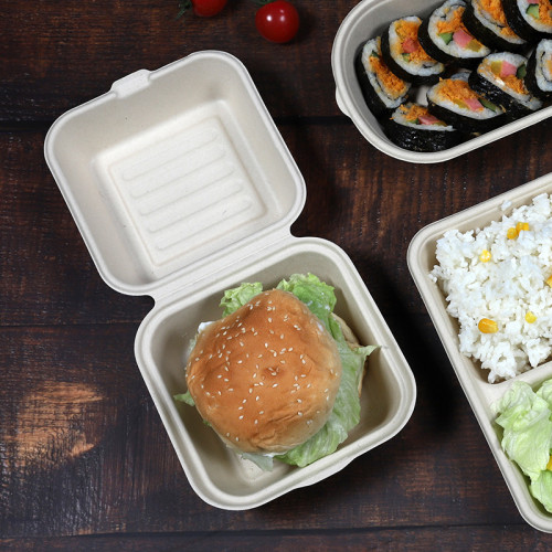 Wegwerp biologisch afbreekbare suikerriet bagasse pulp Clamshell Bagasse Burger Box 6 inch