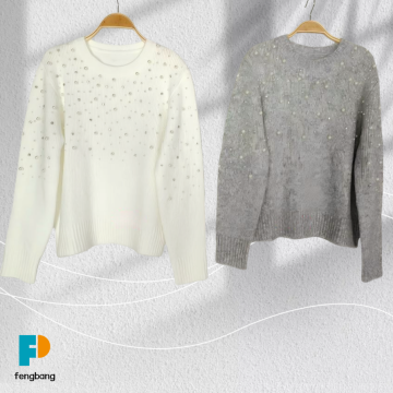 Soft White and Off-White Beaded Embroidery Sweater