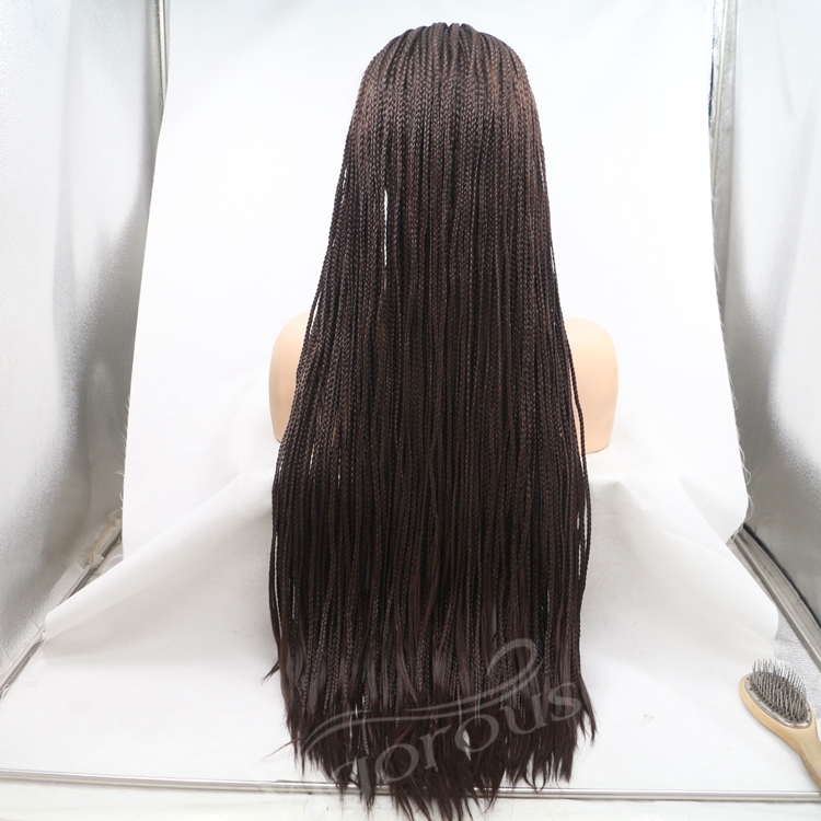 Long straight black cheap wholesale high guality heat resistant synthetic braided wig with lace front