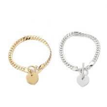 Iywu Aceon Velle Stainless Steel Flat Tight Link Figaro Link Chain Toggle Clasp Bracelet with Personalized Blank Peach Heart Charm