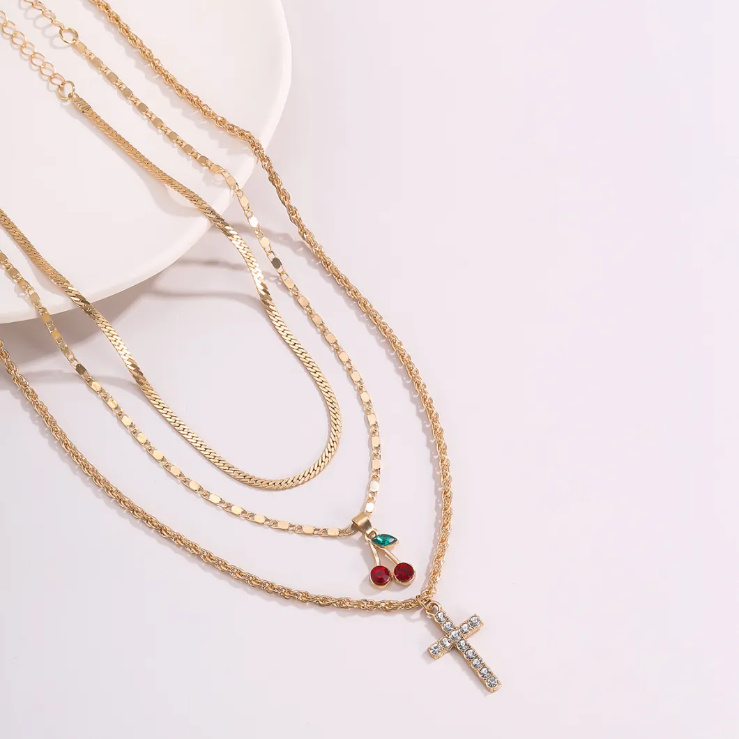 Fashion Creative Jewelry Cute Cherry Choker Simple Cross Necklace Set