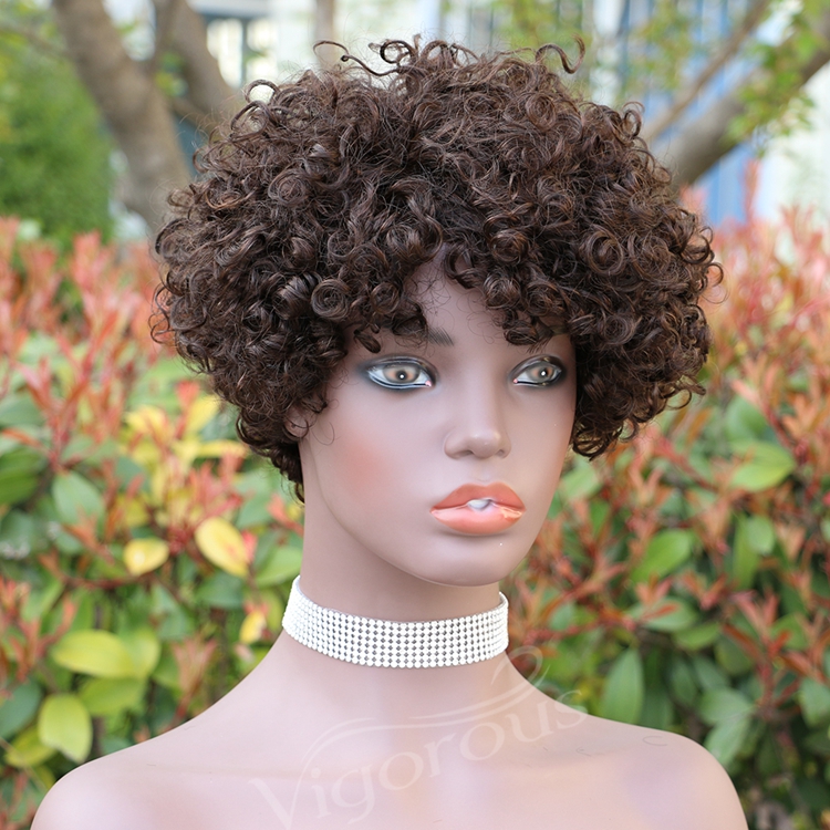 Vigorous Top Quality Brown Afro Kinky Curly Wigs for Black Women Short Side Part Human Hair Wholesale Price