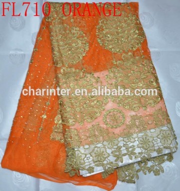 organza embroidery lace fabric for clothing(FL710) orange lace embroidery fabric