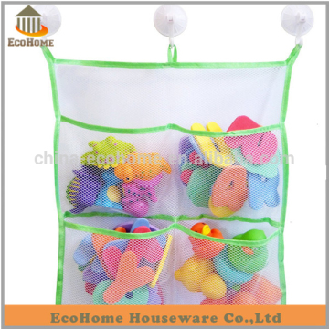Customized bath toy storage bag with 3hooked suction cup,4 storage pocket