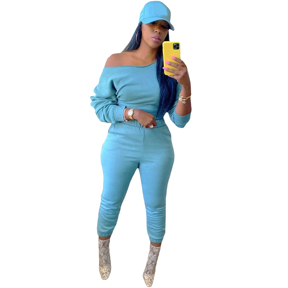 Ready to Ship Spring Sets Casual Solid Color Long Sleeve Oblique Collar Two Piece Pants Set Woman Clothing