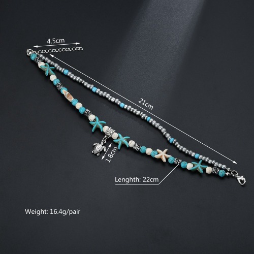 Blue tortoise anklet bracelet for women with multi-layer beaded handmade beach ankle bracelet set with Bohemian foot accessories