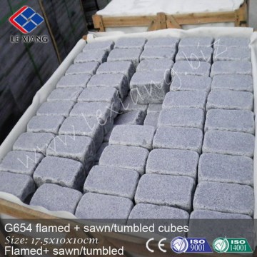 G654 flamed + sawn and tumbled cubes, dark grey flamed granite tile