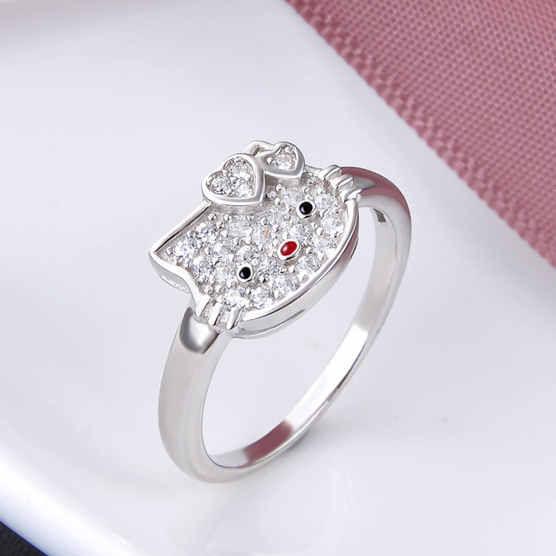 Korean cartoon creative s925 sterling silver cubic zirconia ring for kids,cute cat baby birthday gift wholesale