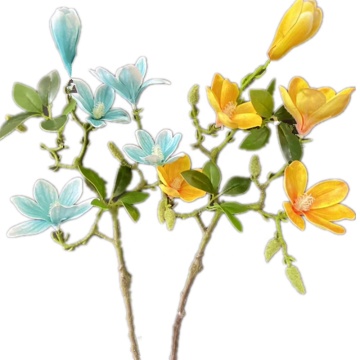 Artificial 3D Magnolia Flower Branch with Green Leaf - 5 Heads