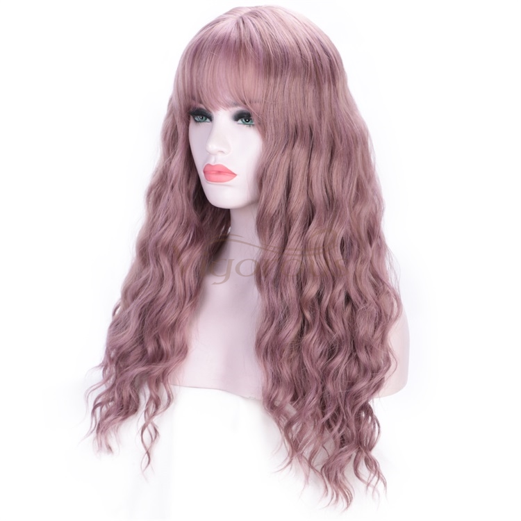 Vigorous Purple Long Natural Water Wave Synthetic Wigs for Women Heat Resistant Fiber Wavy Hair Wig with Bangs Daily Wear