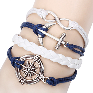 Vintage metal compas rudder anchor retro handmade infinity bracelet DIY blue leather cord bracelet bestfriend bracelet wholesale