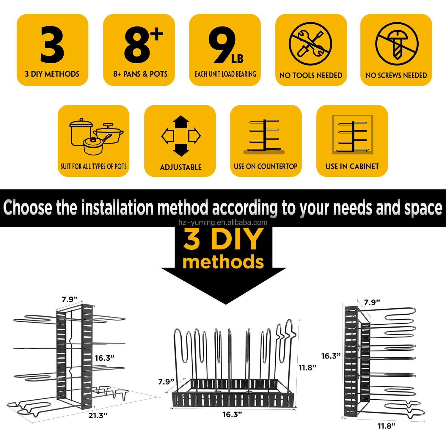 Adjustable Kitchen Table-stand Stainless Steel Pan Organizer Shelf Pot Rack (Upgraded)