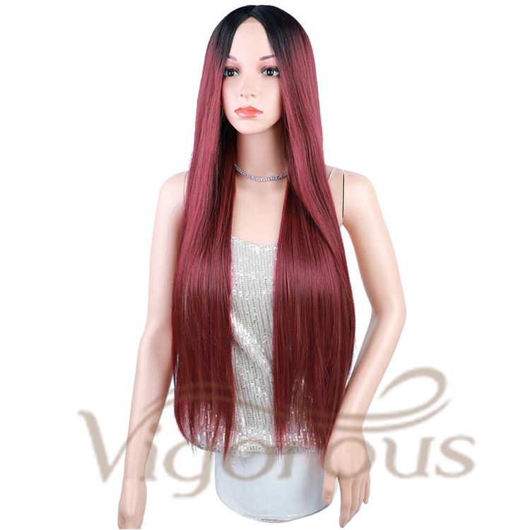 Vigorous Wholesale High Quality Long Middle Part Silky Straight Ombre Burgundy Dark Root For Black Women Synthetic Hair Wigs