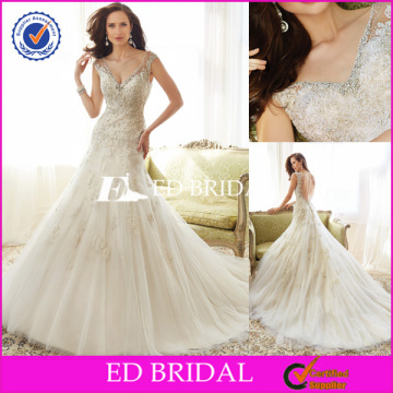 New ST006 Designer V Neckline Illusion Back Tulle Cap Sleeve Wedding Dress Sharara