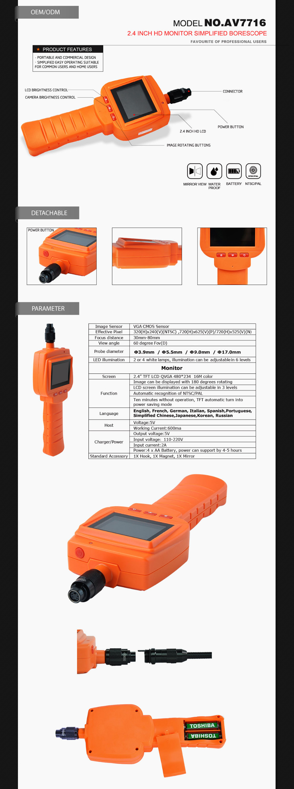 2.4 Inch TFT LCD IP67 Waterproof endoscopy