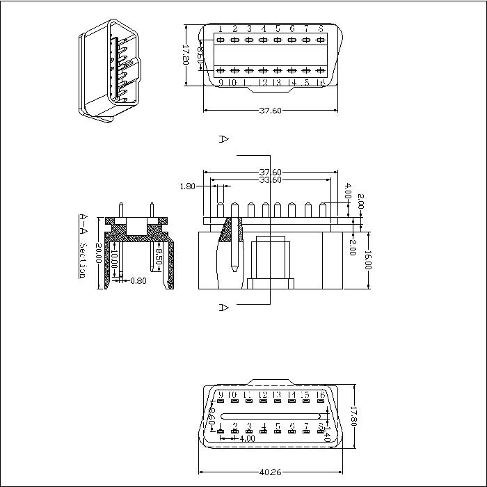 OBD-A-16-G0-S-X-X-PG005 OBD 16P Male 12V Straight Solder Type