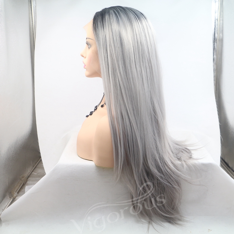 Vigorous grey ombre long straight premium high quality wholesale black women synthetic hair wigs with lace front