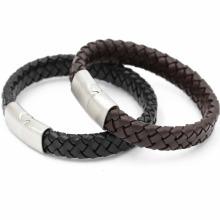 Wholesale polished steel time jewelry mens leather bracelets,engraved braided leather bracelet with magnetic clasp