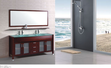 solid wood cabinets in amber red color with double glass basin