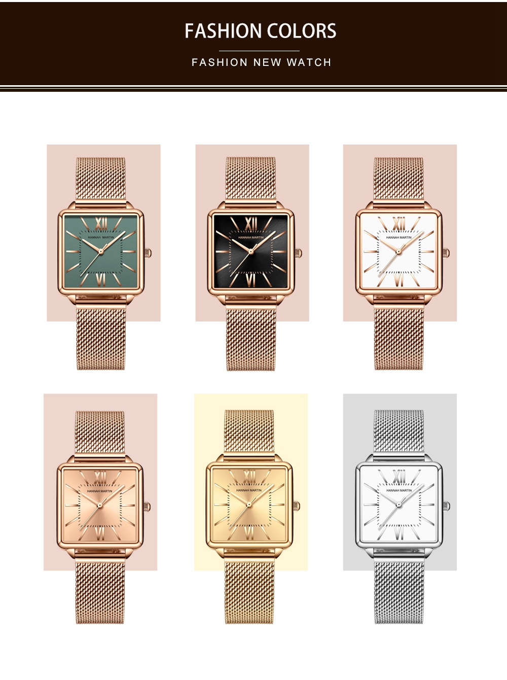 Hannah Martin 1082 Women Watches Quartz Watch Square Rose Gold Fashion Wristwatches Steel Mesh montre femme Hot Sale