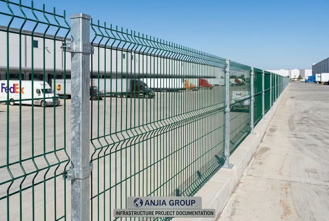 Gruppo ANJIA – Recinzione in rete elettrosaldata installata presso il centro logistico statunitense con banchina di carico in cemento ANJIA Group – Green powder-coated welded wire mesh fence installation at American logistics warehouse perimeter